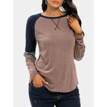 

Raglan Sleeve Striped Colorblock T Shirt, Coffee