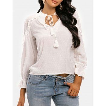 

Swiss Dot Tassel Frilled Long Sleeve Blouse, White