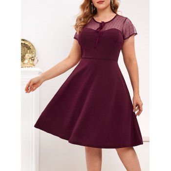 

Dotted Mesh Keyhole Back Tie Collar Plus Size Dress, Red