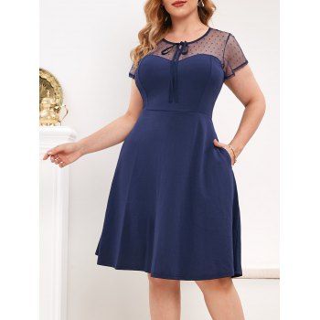 

Dotted Mesh Keyhole Back Tie Collar Plus Size Dress, Blue