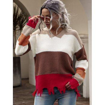 

Loose Colorblock Frayed Pullover Sweater, Multicolor