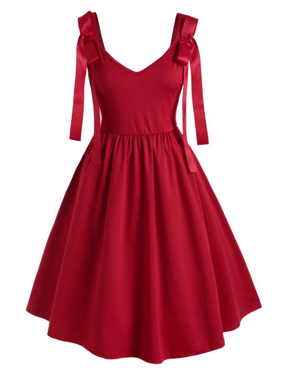 Robe en Couleur Unie de Grande Taille à Col V avec Nœud Papillon - Rouge 2X