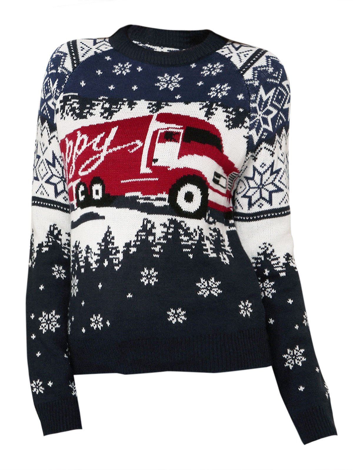 Christmas Snowflake Car Raglan Sleeve Sweater - DEEP BLUE XL