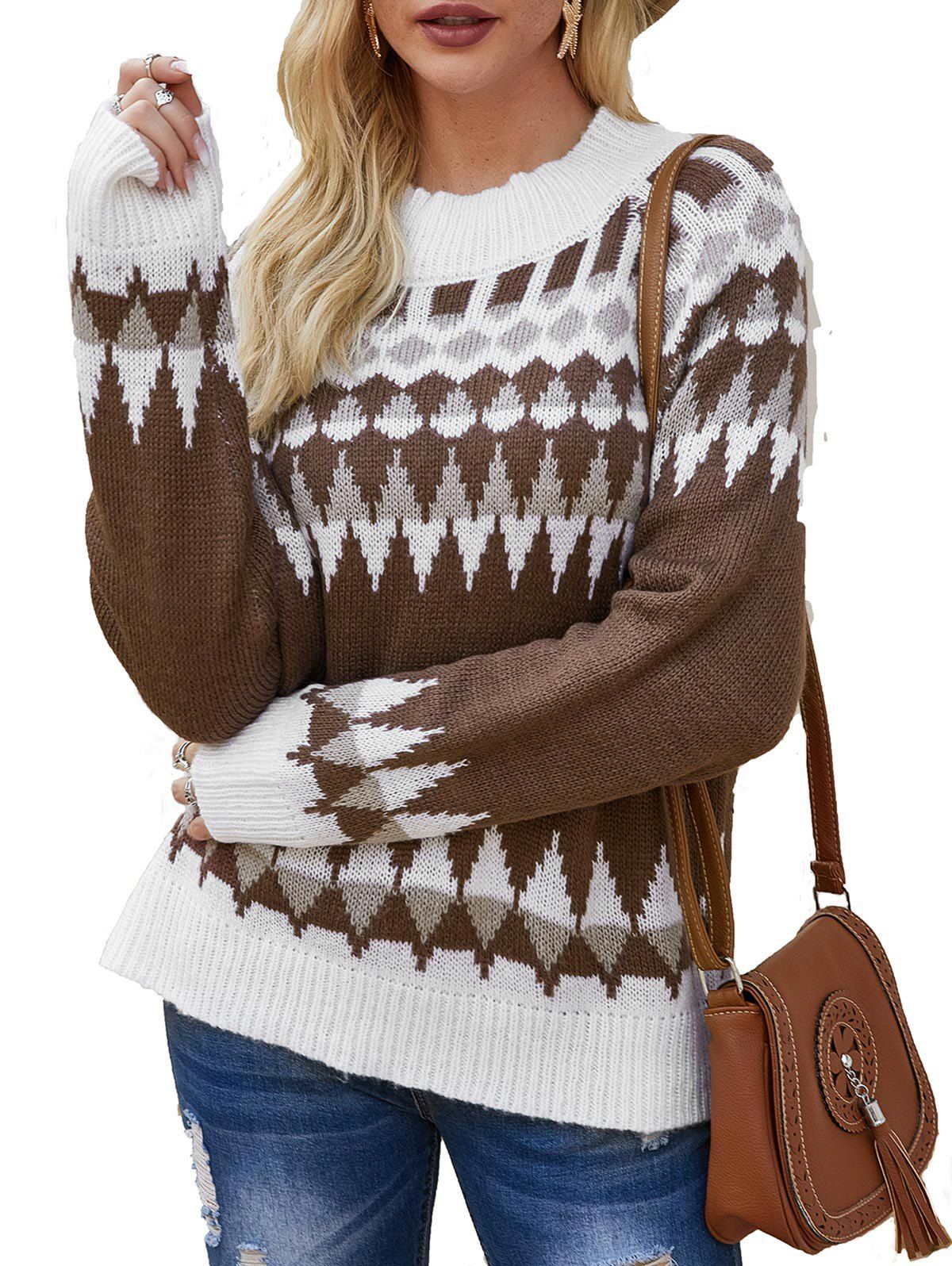 Graphic Raglan Sleeve Mock Neck Sweater - DEEP COFFEE S