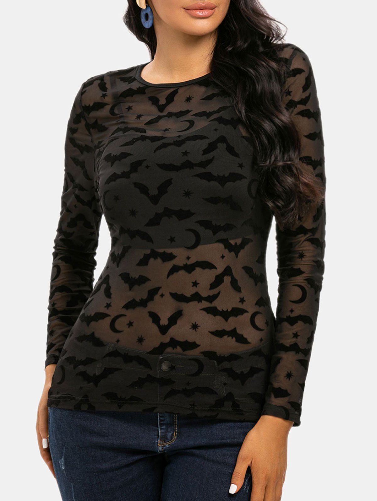 T-Shirt Chauve-souris en Maille Fausse Deux Pièces - Noir XL