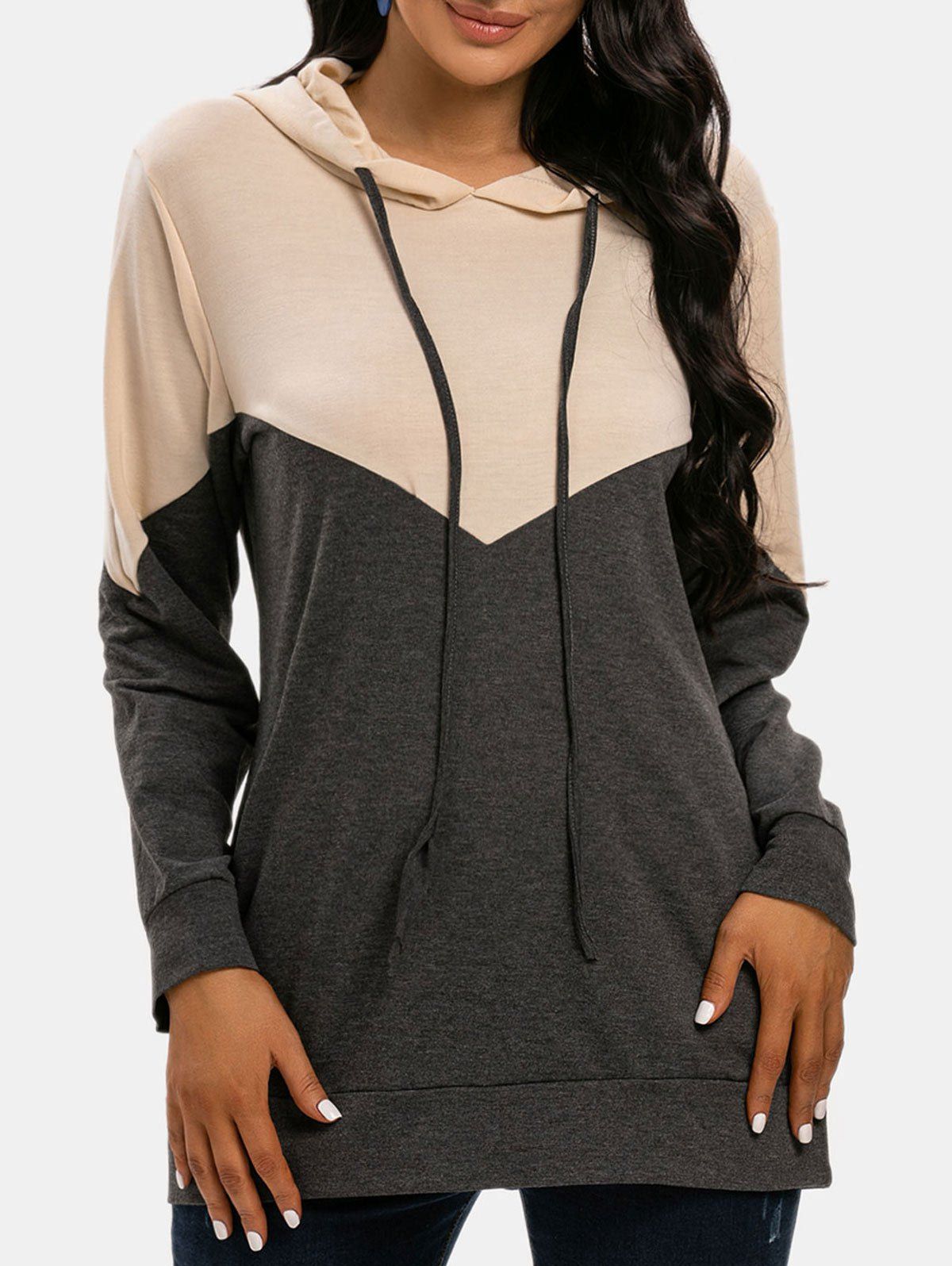 Two Tone Drawstring Pullover Hoodie - LIGHT COFFEE S