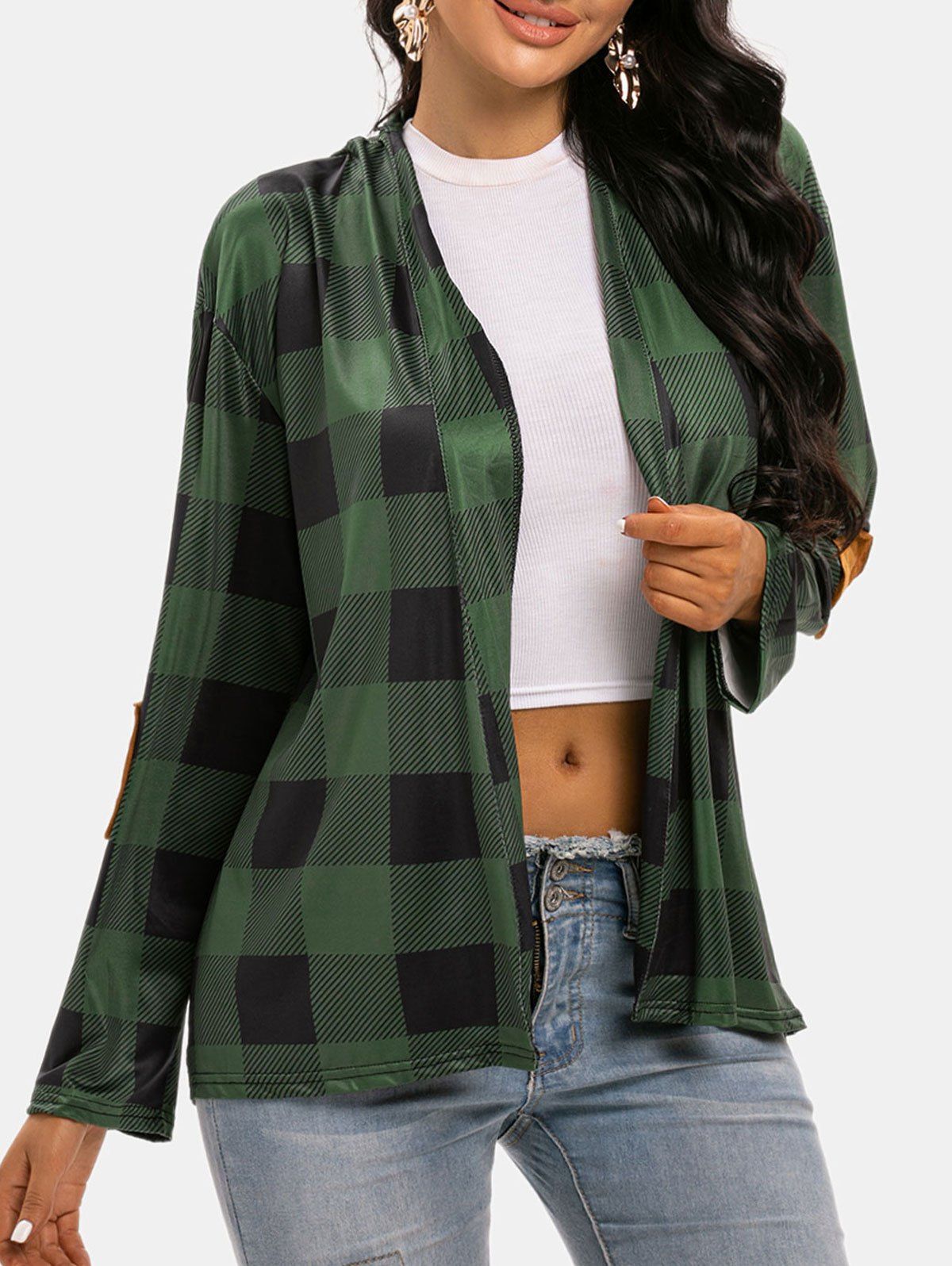 Plaid Elbow Patched Open Front Cardigan - GREEN M