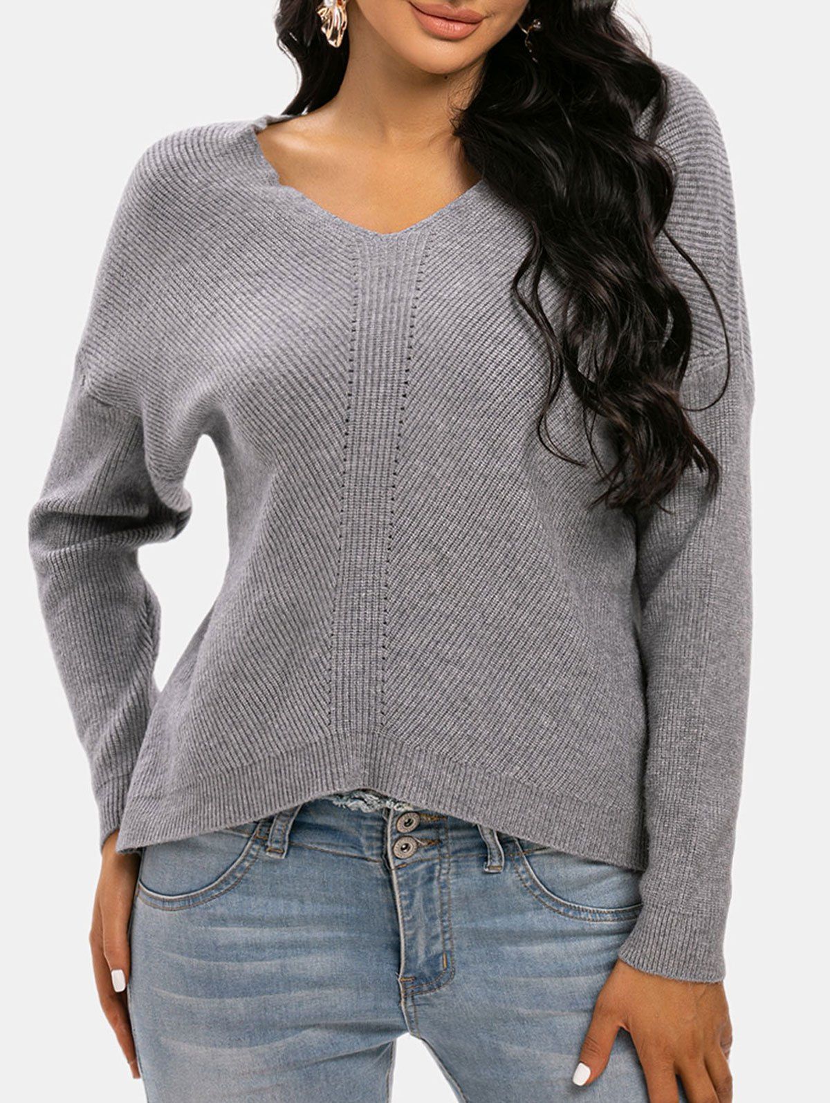 Drop Shoulder Pointelle Textured Knit Sweater - LIGHT GRAY ONE SIZE