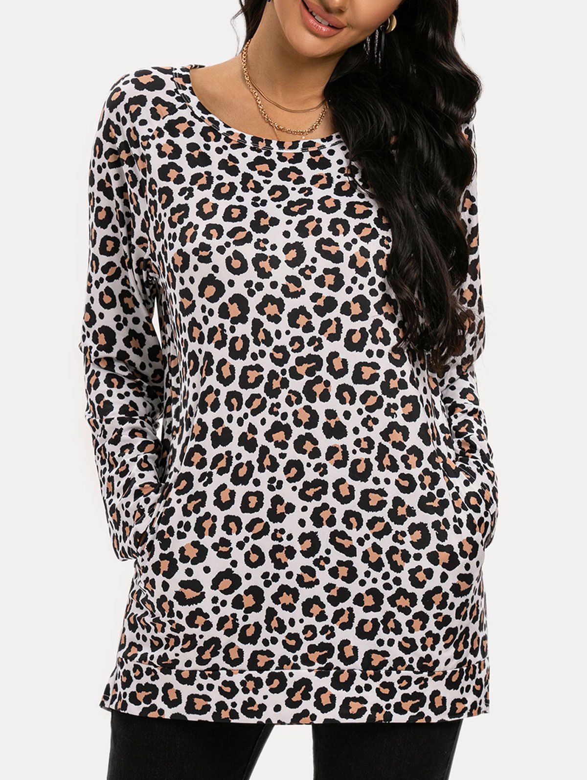 Leopard Slip Pockets Raglan Sleeve Tunic Top - LIGHT COFFEE 2XL