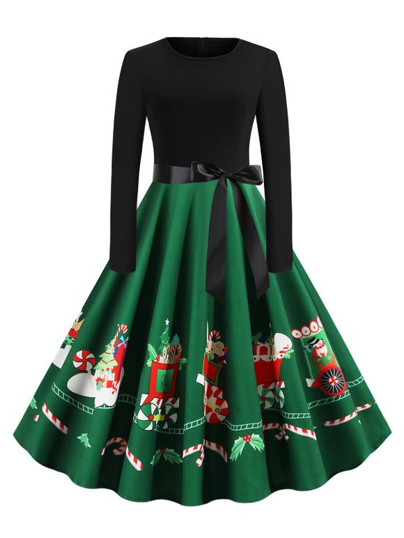 Robe de Noël Ceinturée Bonhomme de Neige et Cerf - Vert profond L