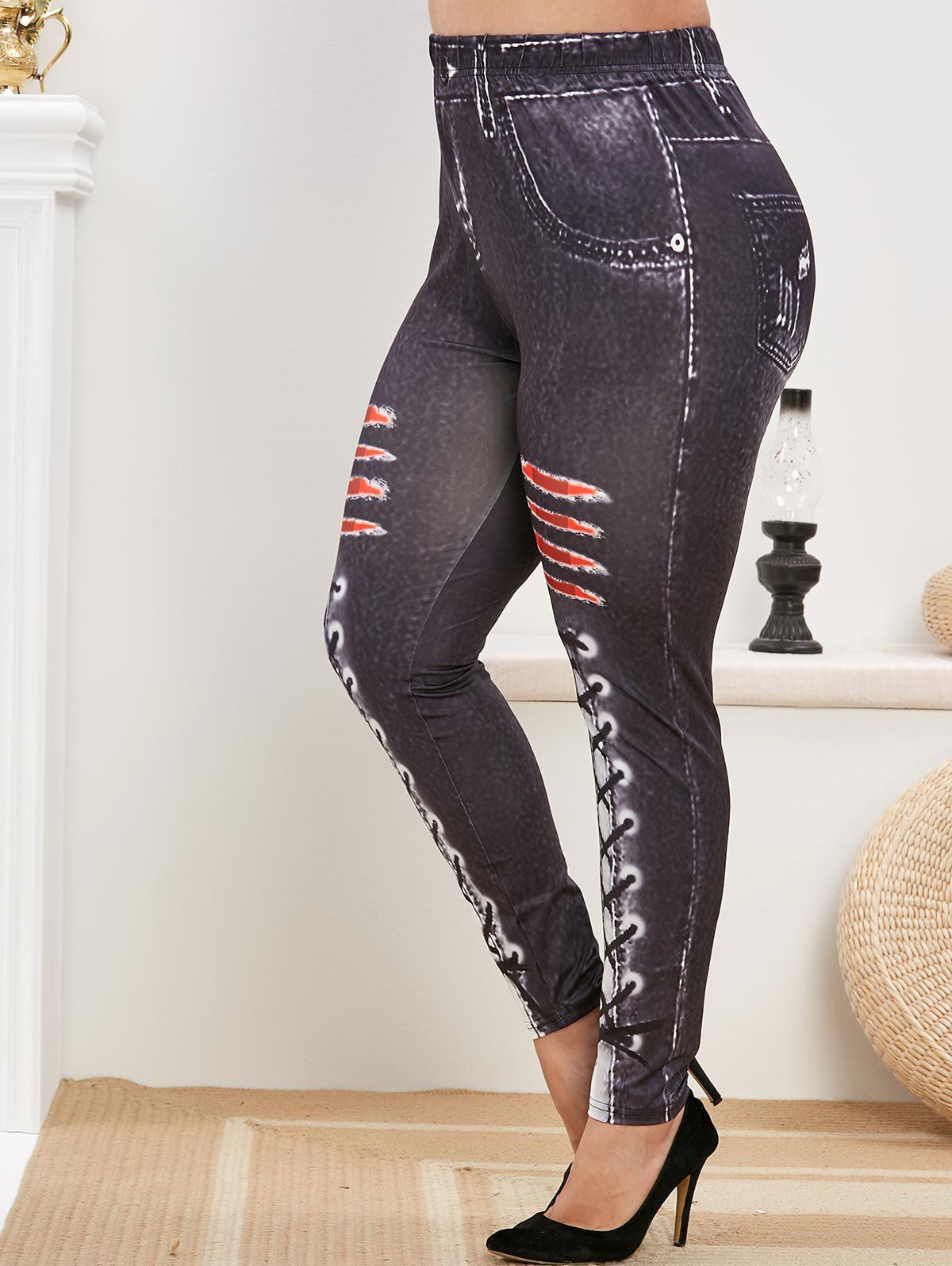 Legging Moulant Imprimé 3D Jean de Grande Taille à Lacets - Noir 4X