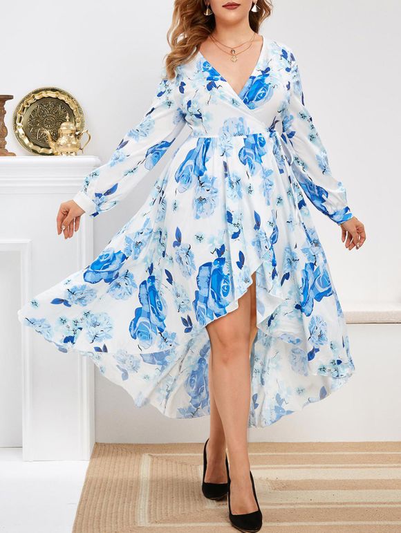 Robe Longue Cache-Cœur Florale à Manches Longues Grande Taille - Bleu L