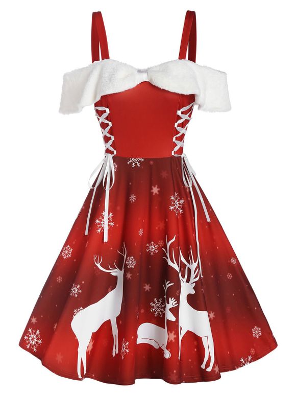 Robe de Noël à Imprimé Flocon de Neige et Cerf à Epaule Dénudée à Lacets - Rouge XL