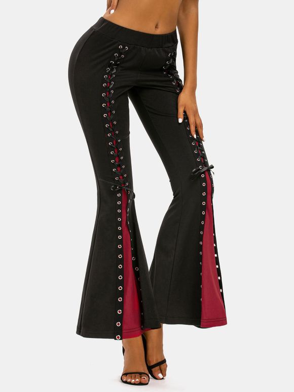 Pantalon Évasé Bicolore avec Lacets - Noir XL