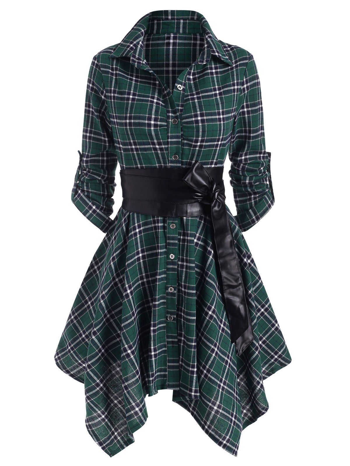 Convertible Plaid Belted Roll Up Sleeve Button Handkerchief Mini Dress - DEEP GREEN L