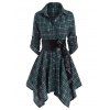 Convertible Plaid Belted Roll Up Sleeve Button Handkerchief Mini Dress - multicolor 2XL