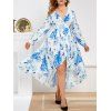 Robe Longue Cache-Cœur Florale à Manches Longues Grande Taille - Bleu L