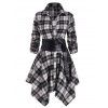 Convertible Plaid Belted Roll Up Sleeve Button Handkerchief Mini Dress - WHITE L