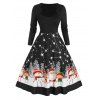 Robe Festonnée Etoiles et Père Noël Imprimés à Manches Longues Grande-Taille - Noir 1X
