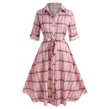 

Plus Size Roll Up Sleeve Plaid Shirt Dress, Light pink