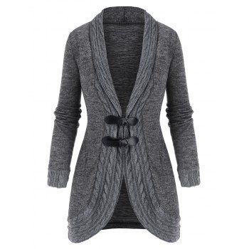 

Shawl Collar Buckled Cable Knit Heathered Cardigan, Light gray