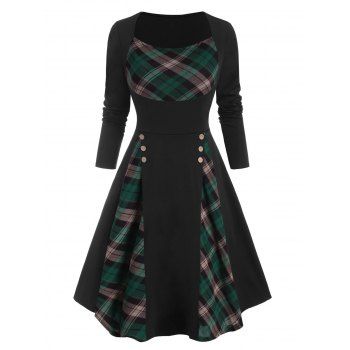 Image of Plaid Insert Mock Button Long Sleeve Dress