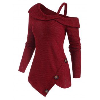 

Ribbed Buttoned Cold Shoulder Asymmetrical Knitwear, Deep red