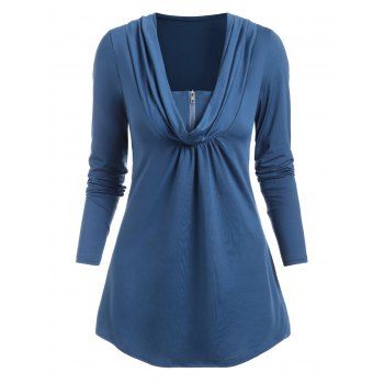 

Cowl Neck Half-zip Long Sleeve Tunic Top, Deep blue