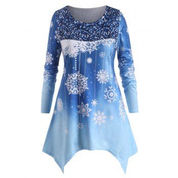 

Plus Size Christmas Snowflake Print Handkerchief T Shirt, Blue