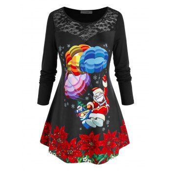 

Plus Size Christmas Santa Claus Parachute Print T Shirt, Black