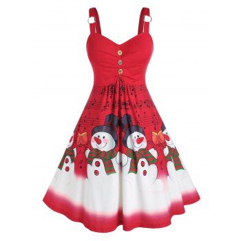 

Plus Size Christmas Musical Notes Snowman A Line Dress, Lava red