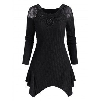 

Beaded Rhinestone Lace Panel Ribbed Knitwear, Black