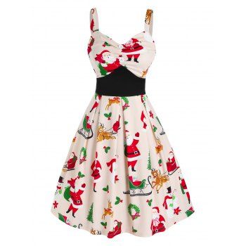 

Christmas Santa Claus Print Ruched Fit and Flare Dress, Multicolor