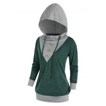 

Plus Size Buttoned Drawstring Two Tone Hoodie, Dark turquoise