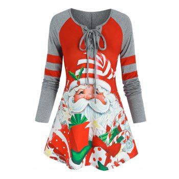 

Christmas Santa Claus Gifts Print Lace-up Raglan Sleeve T-shirt, Red