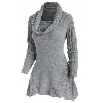 

Cowl Neck Mock Button Openwork Sweater, Gray