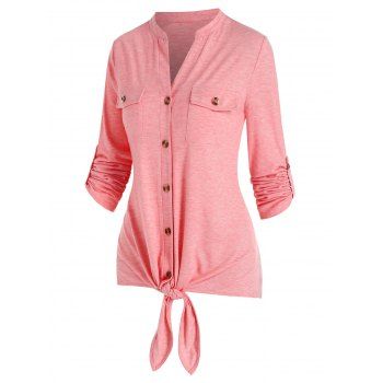 

Knot Front Double Pockets Heathered T-shirt, Pink