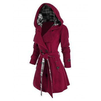 

Plus Size Hooded Plaid Double Breasted Coat, Red wine