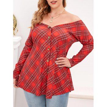 

Plaid Button Up Wide V-neck Plus Size Top, Red