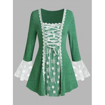 

Plus Size Lace-up Floral Applique Snowflake Bell Sleeve Sweater, Green