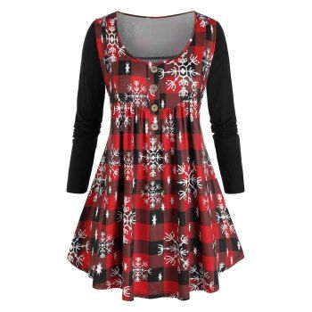 

Plus Size Christmas Plaid Snowflake Long Sleeve Tunic Tee, Red