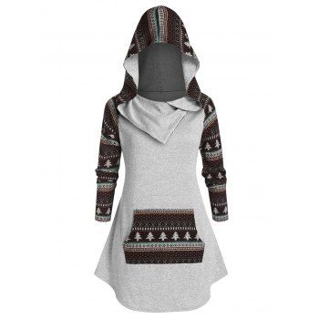 Plus Size Ethnic Print Knitted Pocket Hoodie
