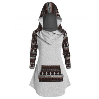 

Plus Size Ethnic Print Knitted Pocket Hoodie, Gray cloud