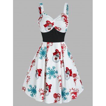 

Christmas Ball Snowflake Print Sleeveless Flare Dress, White