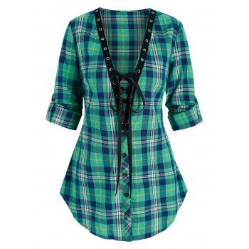 

Plaid Print Lace-up Curved Hem Shirt, Light aquamarine