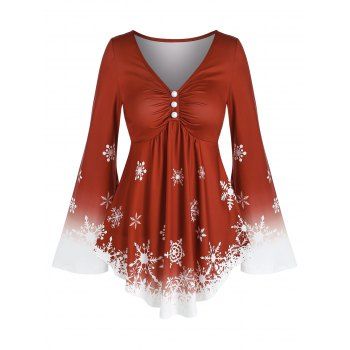 

Snowflake Print Ombre Bell Sleeve T Shirt, Red