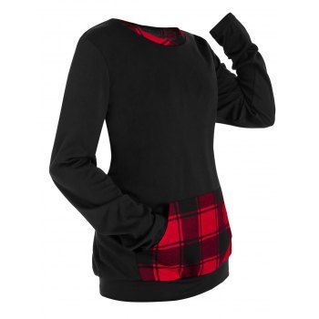 

Plaid Lace Up Kangaroo Pocket Top, Black