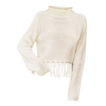 

Fringed Studded Chunky Knit Turtleneck Sweater, White