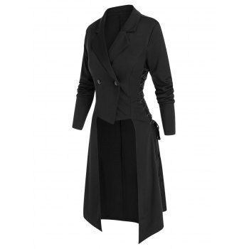 

Flower Lace Panel Lace-up High Low Coat, Black