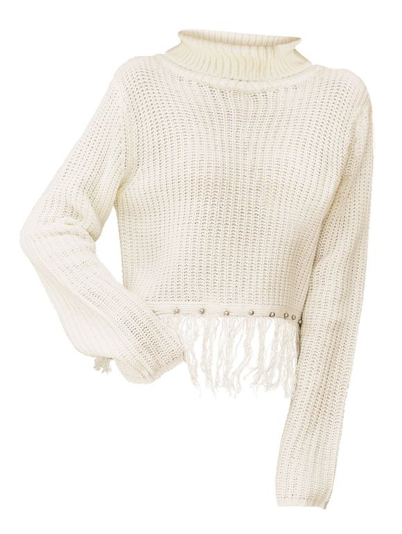 Pull Epais Clouté Tricoté avec Frange à Col Roulé - Blanc L